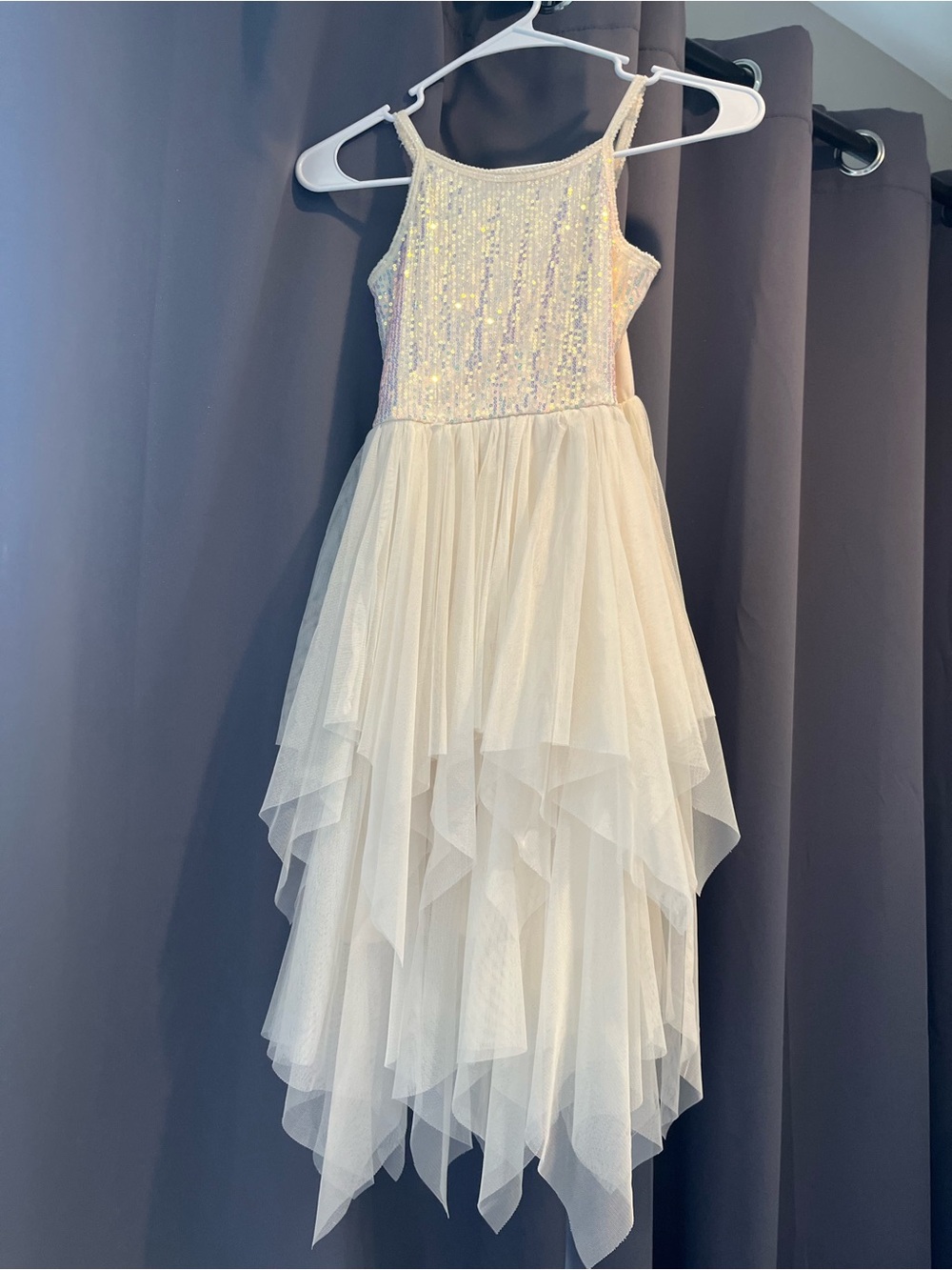 Cat & Jack Ivory Sequin Tulle Handkerchief Hem Dress